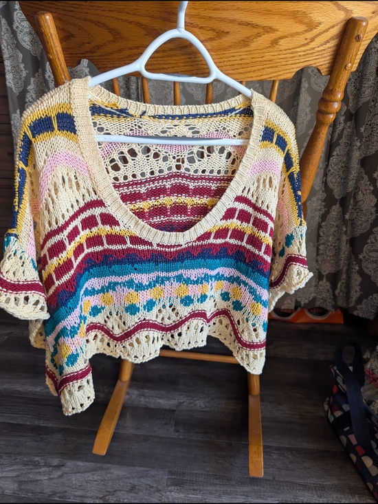 Sweaters - Vintage-Inspired Multicolor Crochet Knit Sweater - Cream & Teal